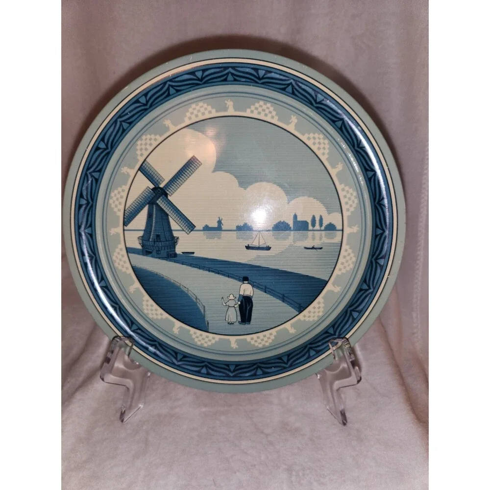 Metal Dutch Scene Tray Blue Made in England Windmill Boats wooden shoes